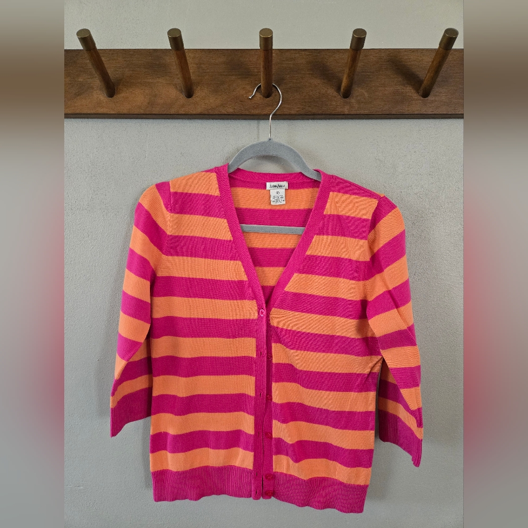Neiman Marcus Pink And Orange Striped Cardigan Sweater